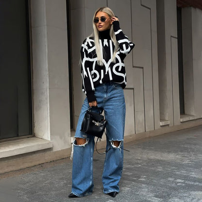 Pull en tricot oversized pour femmes avec un design graphique moderne Chic und Stil