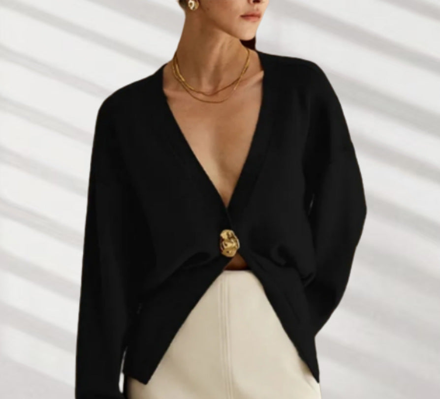 Dames Élégante Cardigan avec décolleté V plongeant et bouton décoratif Chic und Stil