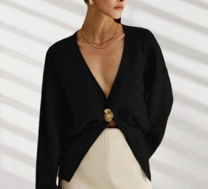 Dames Élégante Cardigan avec décolleté V plongeant et bouton décoratif Chic und Stil