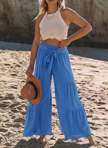 Airy Palazzo Pants for Women with Elastic Waist and Practical Tying Belt Chic und Stil