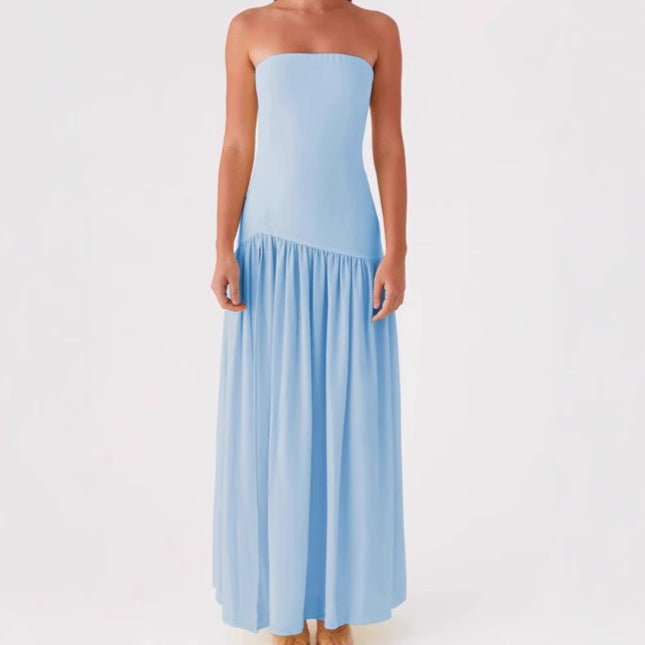 Dames élégante robe maxi sans bretelles avec fente haute et tissu fluide Chic und Stil