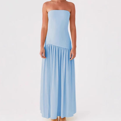 Dames élégante robe maxi sans bretelles avec fente haute et tissu fluide Chic und Stil
