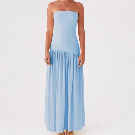 Dames élégante robe maxi sans bretelles avec fente haute et tissu fluide Chic und Stil