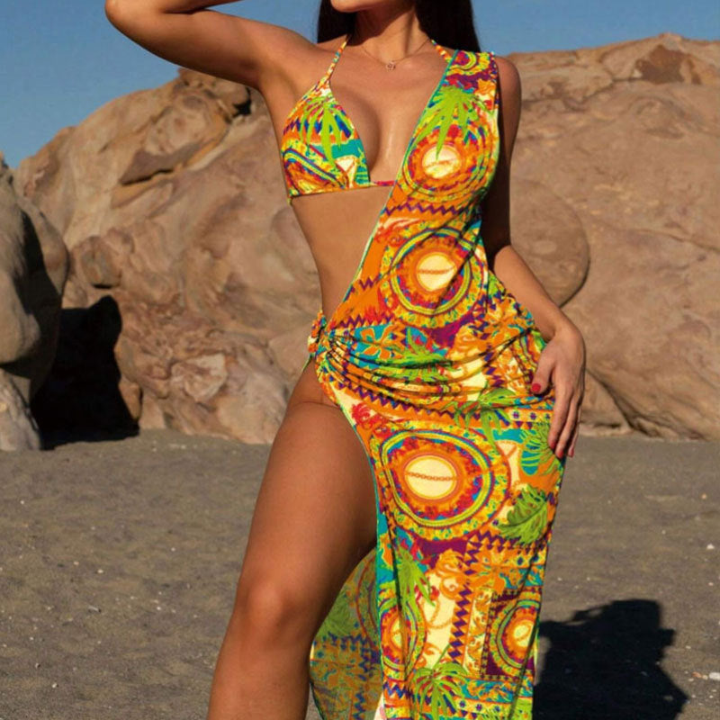 Chic and Style women's vibrant patterned swimsuit set with sheer cover-up