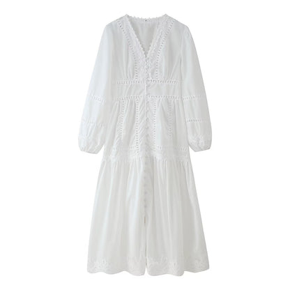 Robe maxi femme avec des détails en volants élégants et un décolleté en V féminin Chic und Stil
