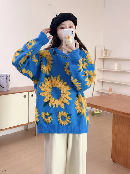 Thick knit pullover for ladies with floral appliqués Chic and Style