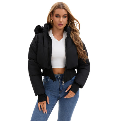Short lined jacket for women with removable hood and warm faux fur collar Chic und Stil