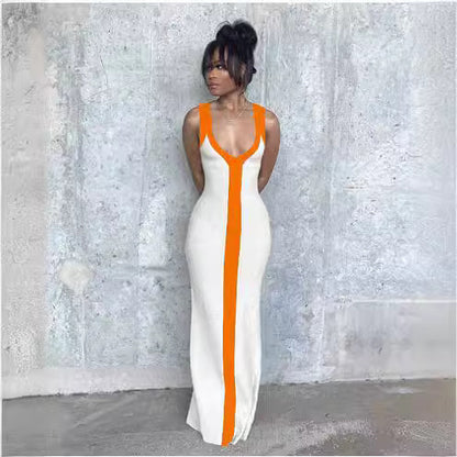 Robe maxi élégante pour femmes avec décolleté en V profond et rayure contrastante Chic und Stil
