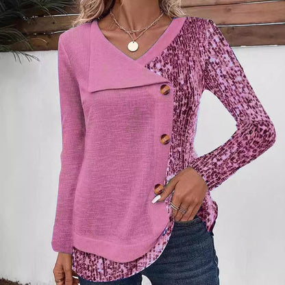 Chemise à manches longues féminine à col asymétrique et détails de boutons décoratifs Chic und Stil