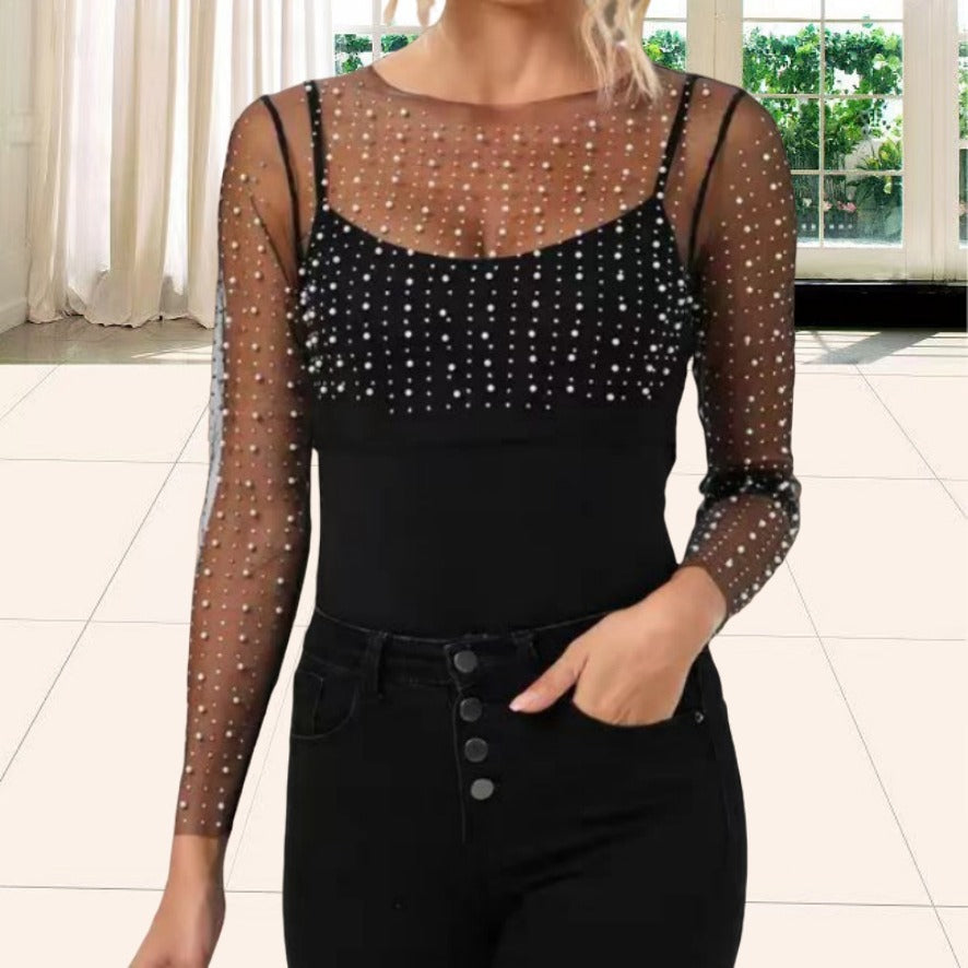 Dames Élégant haut avec manches transparentes et paillettes scintillantes Chic und Stil