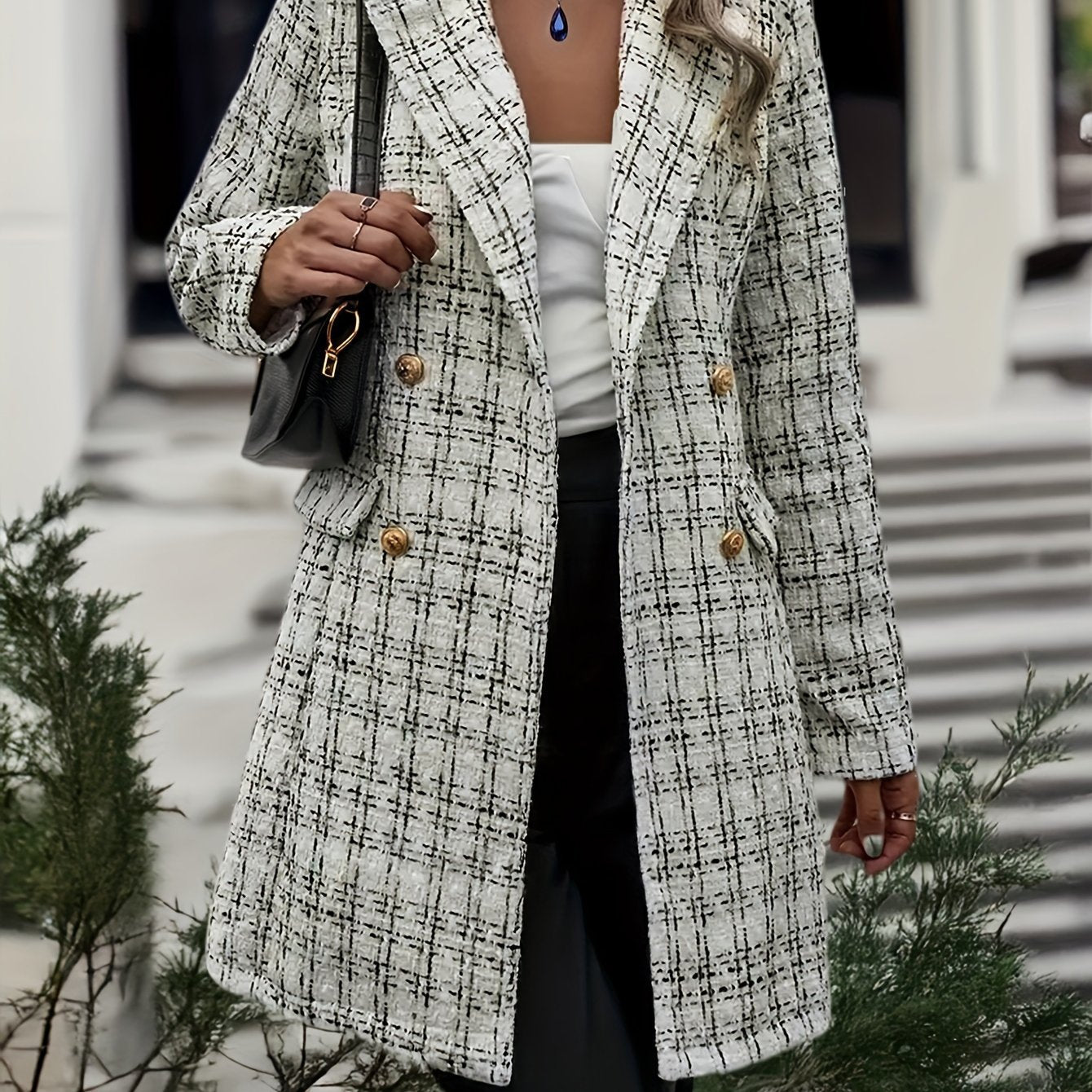 Dames élégant veste à carreaux avec double rangée de boutons et matériau fin Chic und Stil
