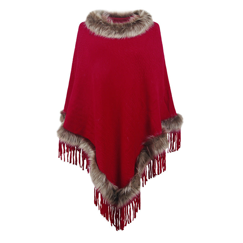 Dames élégant poncho avec col en fausse fourrure luxueuse et franges décadentes Chic und Stil