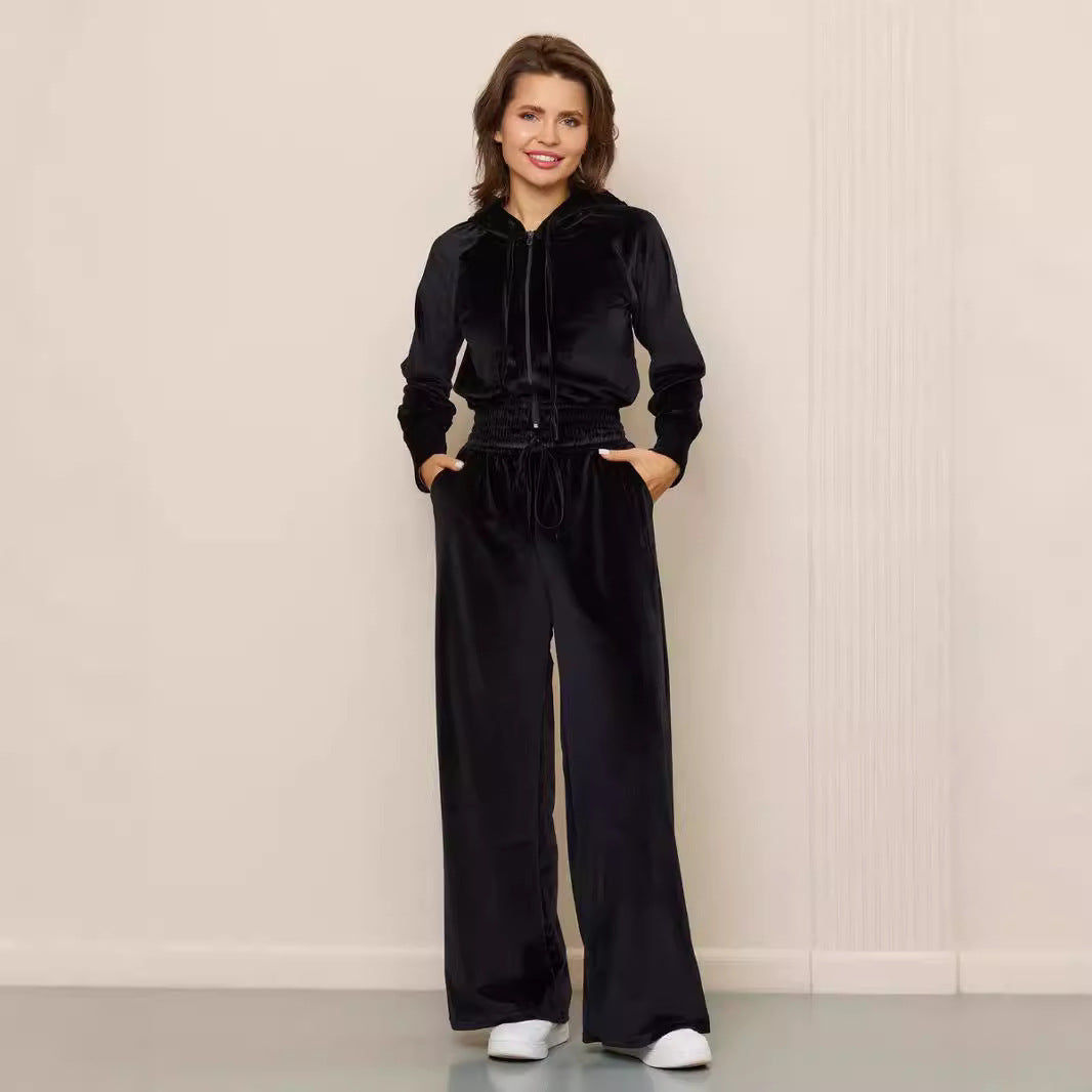 Dames Ensemble de loungewear en velours luxueux avec capuche et taille élastique Chic und Stil