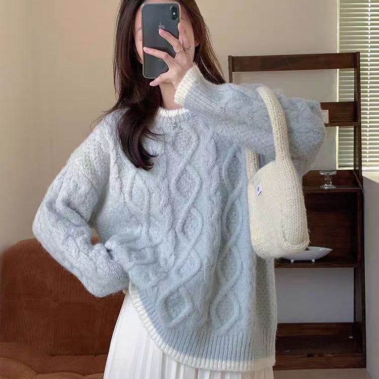 Pull en grosse maille pour femmes avec motif torsadé et finition de col contrastante Chic und Stil
