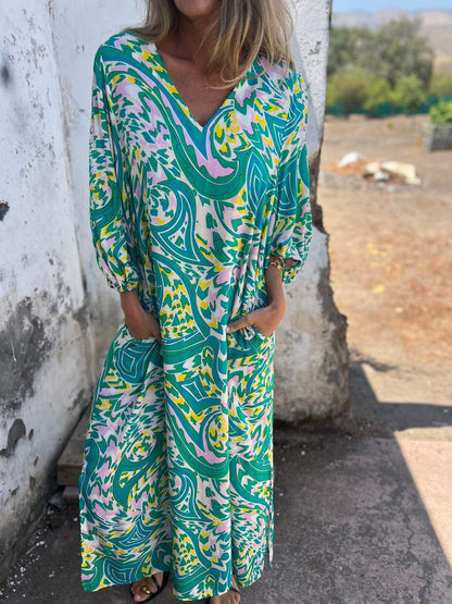 Robe maxi femme avec décolleté en V profond et manches ballon décontractées Chic und Stil