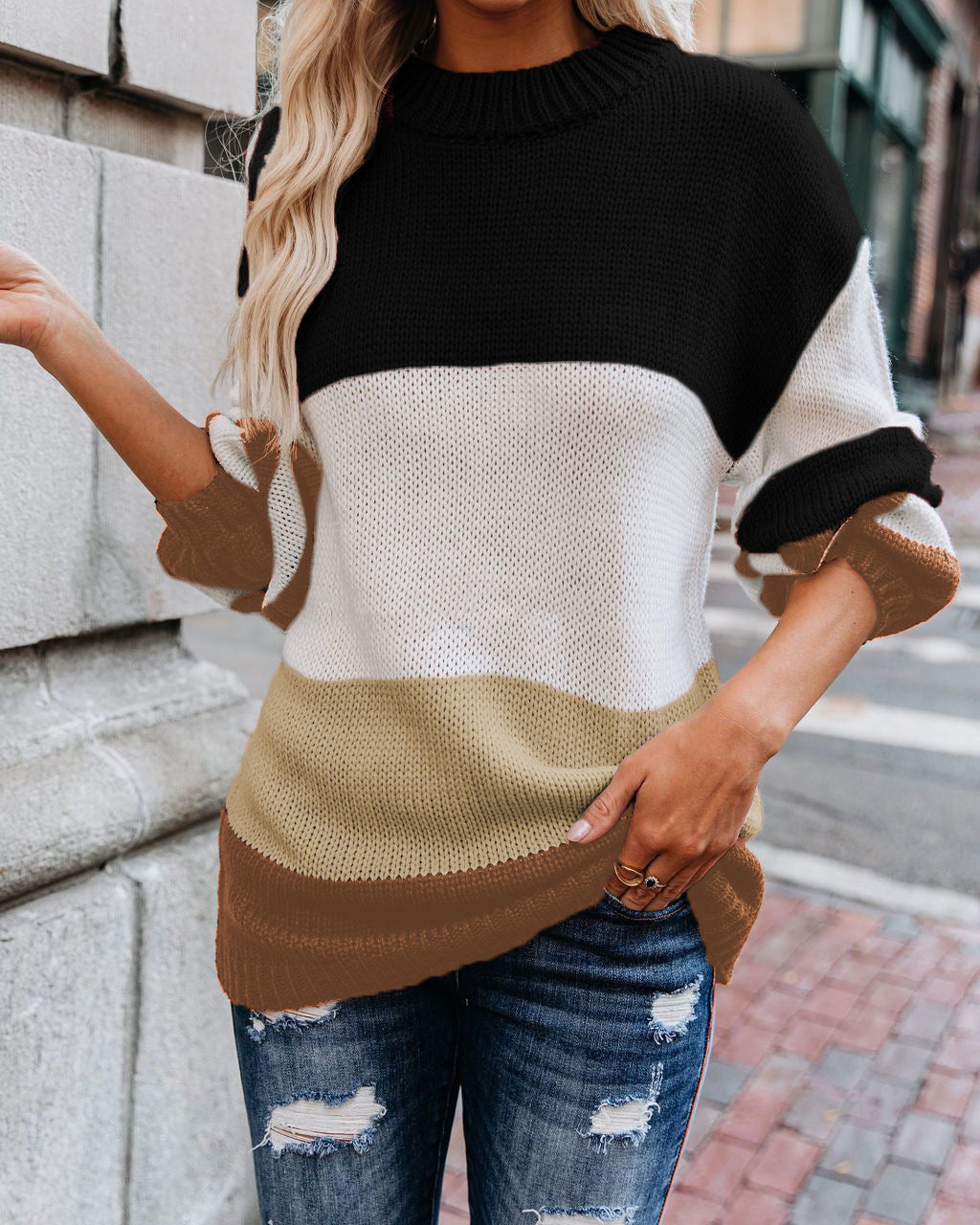 Pull en tricot décontracté pour femmes avec un design à blocs de couleurs à la mode Chic und Stil