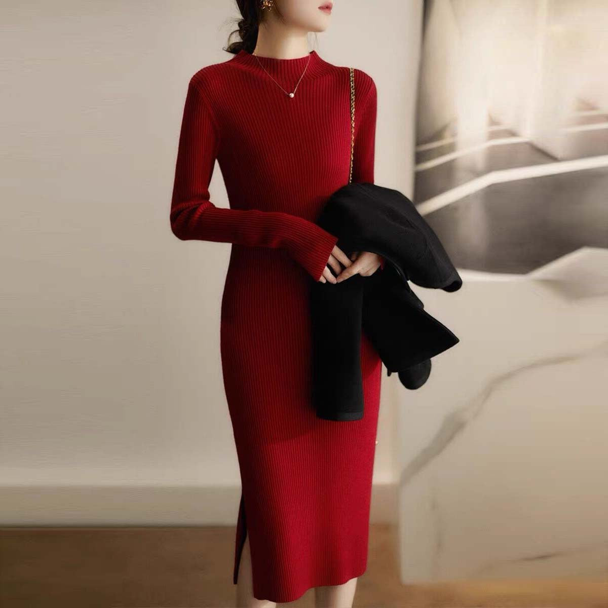 Robe en tricot pour femmes avec col montant et structure côtelée Chic und Stil