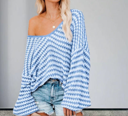 Pull en tricot oversized pour femmes avec design épaule dénudée et motif côtelé à la mode Chic und Stil