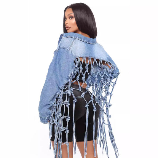 Veste en denim pour femmes avec un détail de nœud unique et une coupe décontractée Chic und Stil