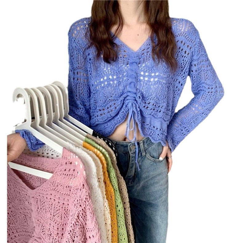 Pull en crochet aéré pour femmes avec cordon de serrage et coupe large Chic und Stil