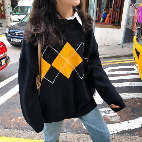 Pull en tricot épais pour femmes avec un motif à carreaux moderne et une coupe oversized décontractée Chic und Stil
