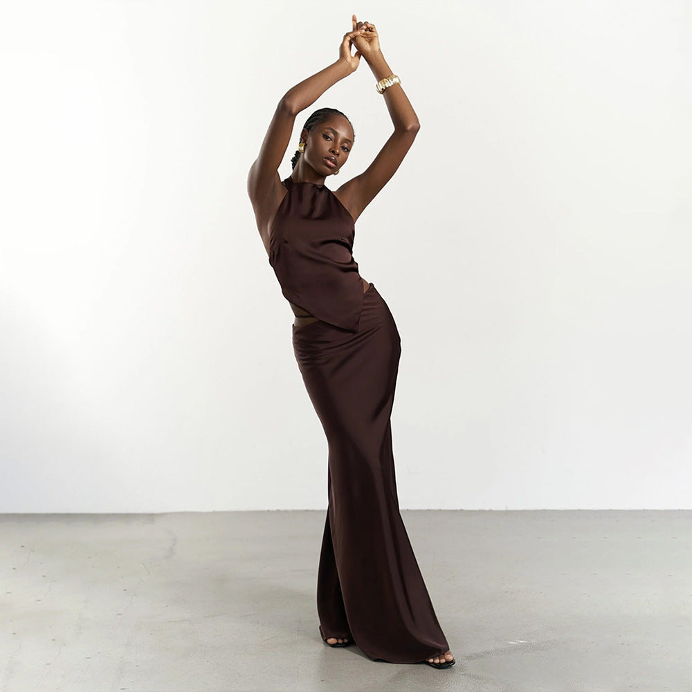 Dames Élégant Robe Maxi avec design sans épaules et finition soyeuse Chic und Stil