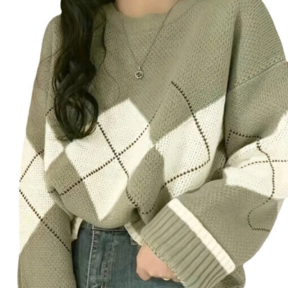 Dames gros tricot pull avec motifs en losanges modernes et coupe ample Chic und Stil