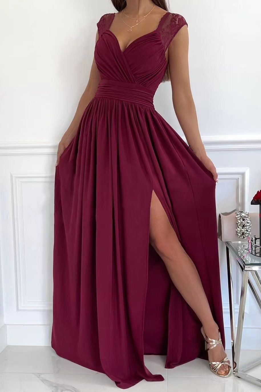Robe maxi élégante pour femmes avec des manches en dentelle et une fente latérale Chic und Stil