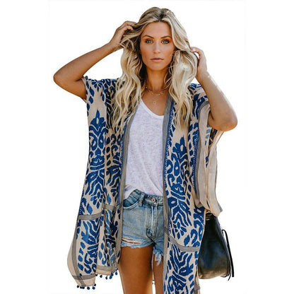 Dames Cardigan kimono léger avec motif élaboré et ourlet à franges Chic und Stil