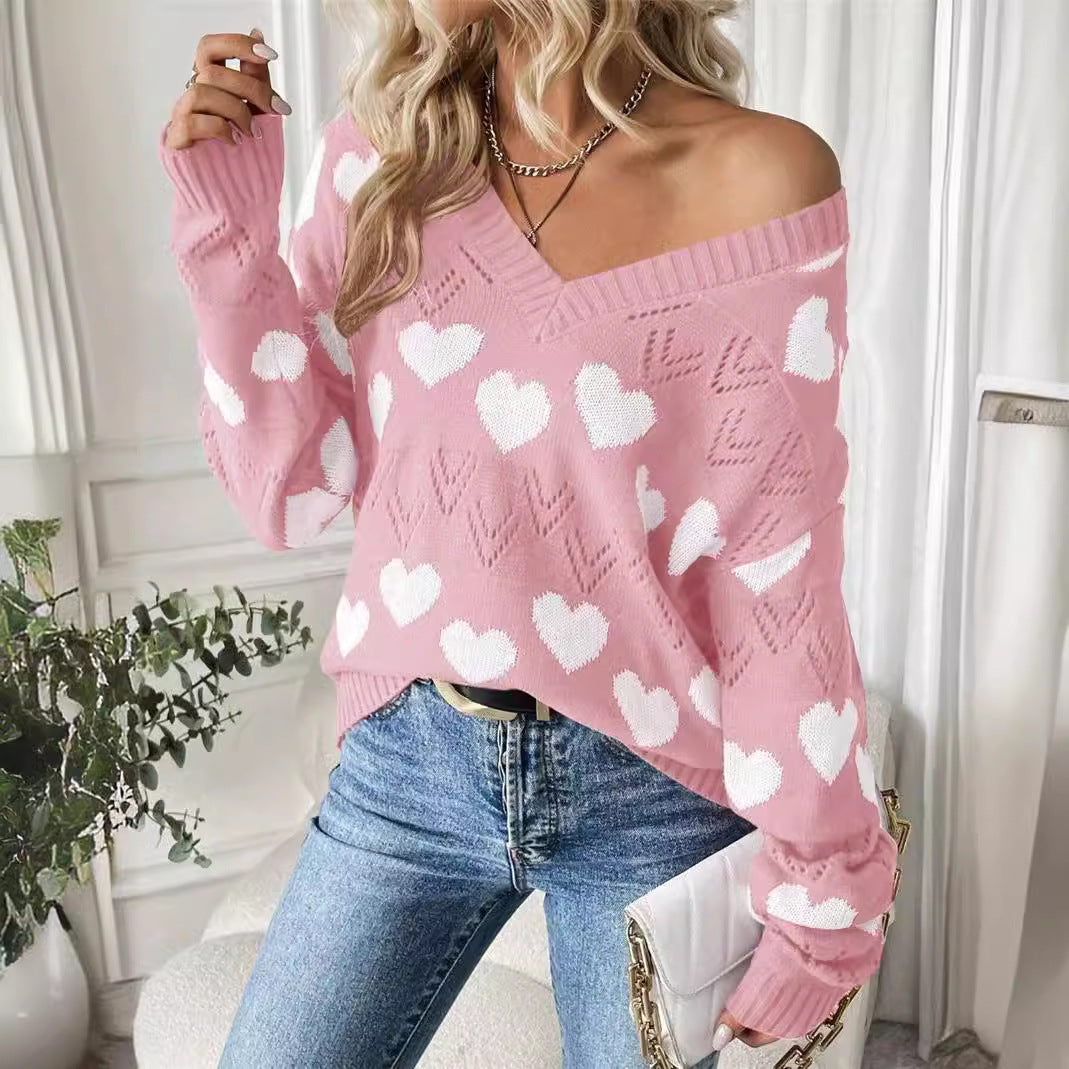 Pull femme en peluche avec motif en forme de cœur et décolleté en V Chic und Stil