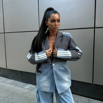 Dames Blazer en denim à la mode avec coupe asymétrique Chic und Stil
