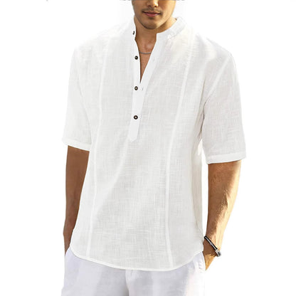 Chemise en lin à manches courtes pour hommes avec col montant et patte de boutonnage Chic und Stil