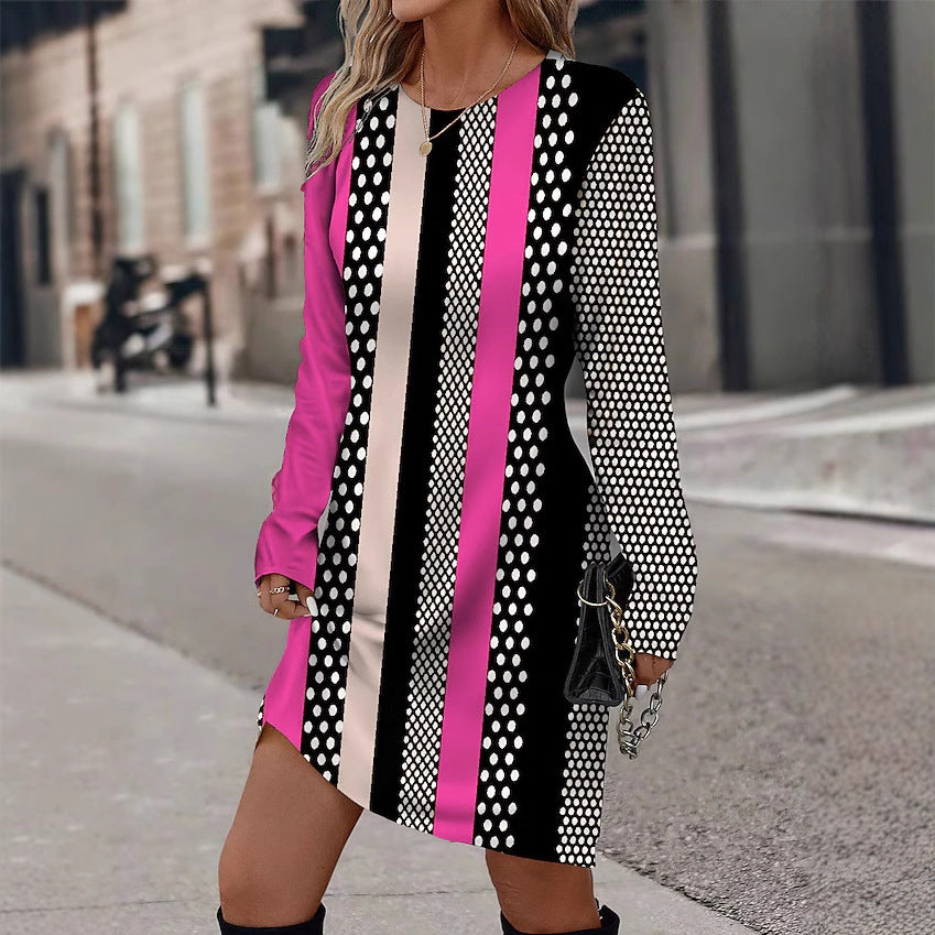 Robe longue à manches longues pour femmes avec motif graphique à rayures et design ponctuel Chic und Stil