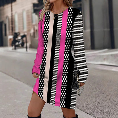 Robe longue à manches longues pour femmes avec motif graphique à rayures et design ponctuel Chic und Stil
