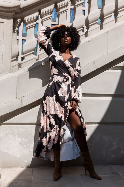 Women's Chic and Elegant Ruffle Wrap Dress with Asymmetrical Hem