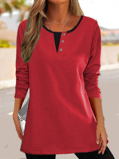 T-shirt à manches longues pour femmes avec encolure à boutons recouverts et poches latérales modernes Chic und Stil