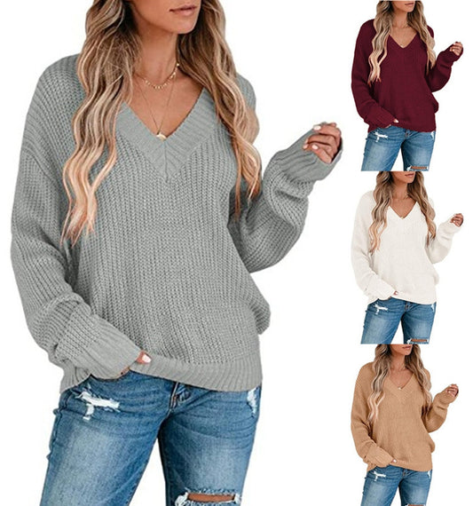 Pull en gros tricot pour femmes avec décolleté en V profond et manches décontractées Chic und Stil