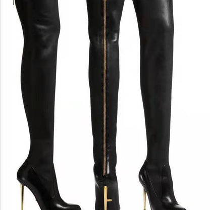 Chic und Stil | Overknee Boots with Golden Heel and Zipper Detail