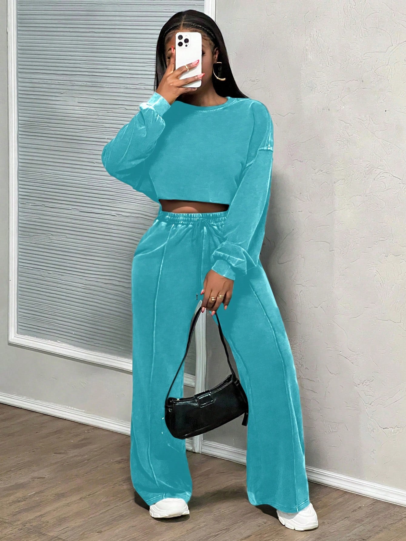 Dames décontracté ensemble Lounge cropped avec pantalons amples et cordon pratique Chic und Stil