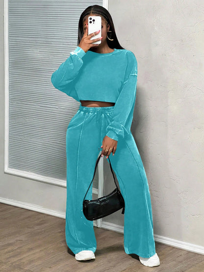 Dames décontracté ensemble Lounge cropped avec pantalons amples et cordon pratique Chic und Stil