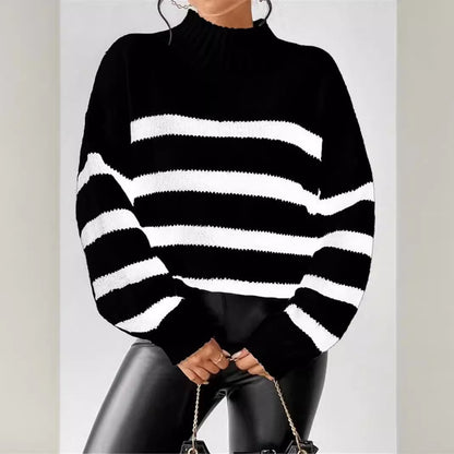 Dames gros tricot pull avec des rayures à la mode et un grand col Chic und Stil