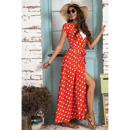 Robe maxi portefeuille à pois pour femmes avec taille nouée Chic und Stil