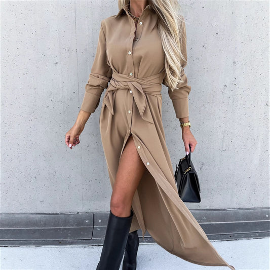 Dames Robe Midi Élégante avec Ceinture et Patte de Boutonnage Chic und Stil