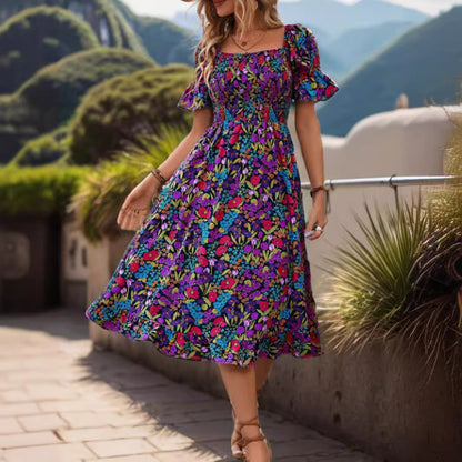 Robe maxi smockée bohème florale pour femmes Chic und Stil