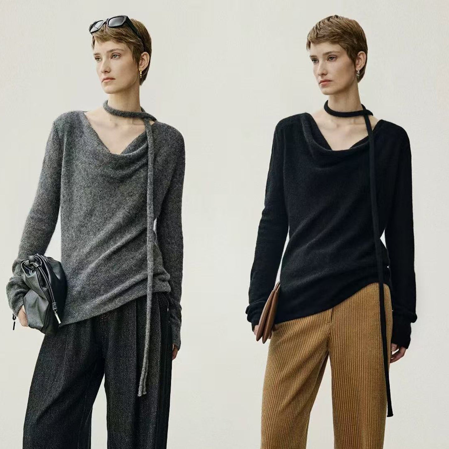 Dames Haut en tricot élégant avec décolleté ouvert et lien Chic und Stil