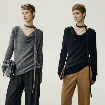 Dames Haut en tricot élégant avec décolleté ouvert et lien Chic und Stil