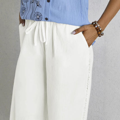 Women Elastic Waist Casual Cut Pants with Chic Button Details