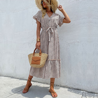 Robe maxi élégante à pois pour femmes avec lien de taille ajustable Chic und Stil