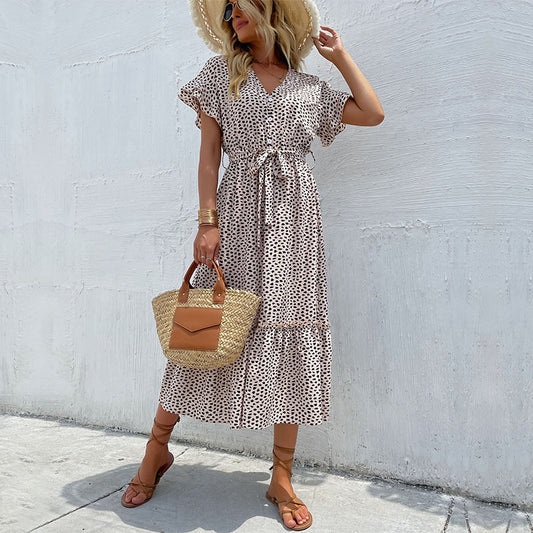 Robe maxi élégante à pois pour femmes avec lien de taille ajustable Chic und Stil