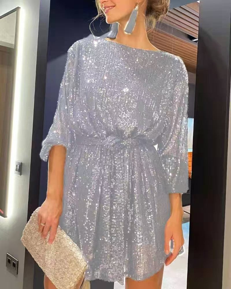 Robe mini scintillante pour femmes à manches longues et tissu brillant Chic und Stil